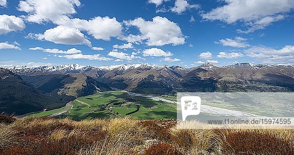View from the summit of Mount Alfred  View of Dart River and mountain scenery  Glenorchy near Queenstown  Southern Alps  Otago  South Island  New Zealand  Oceania