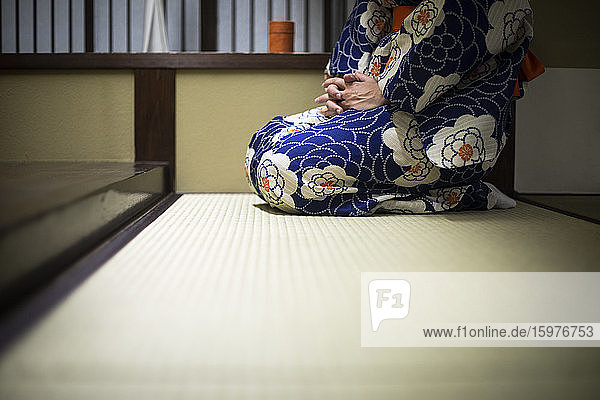 Japan  Tiefschnitt einer Frau in traditionellem Kimono  die in einem Ryokan sitzt
