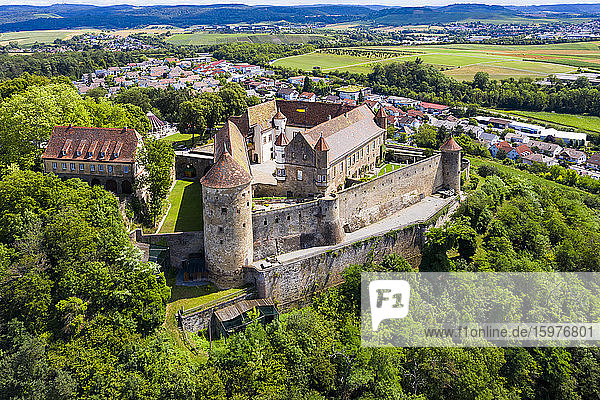 Germany  Baden-Wurttemberg  Untergruppenbach  Helicopter view of Stettenfels Castle in summer
