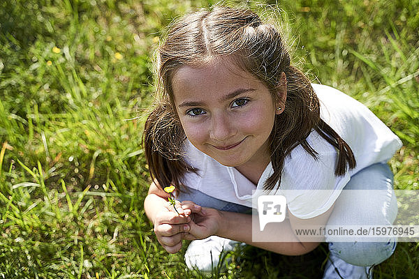 Nettes Mädchen hockt und hält eine kleine gelbe Blume an einem sonnigen Tag