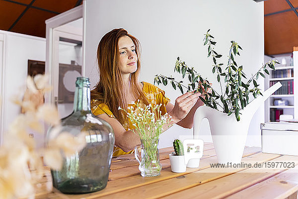 Young woman examining houseplants on table at home during curfew