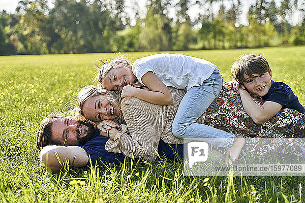 Smiling family lying on grass during sunny day
