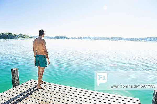 Rückenansicht eines jungen Mannes in Badeshorts  der auf einem Steg steht und auf den See schaut