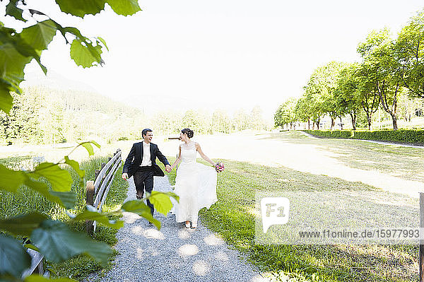Fröhliches frisch verheiratetes Paar hält sich an den Händen  während es auf dem Fußweg gegen den klaren Himmel im Park läuft