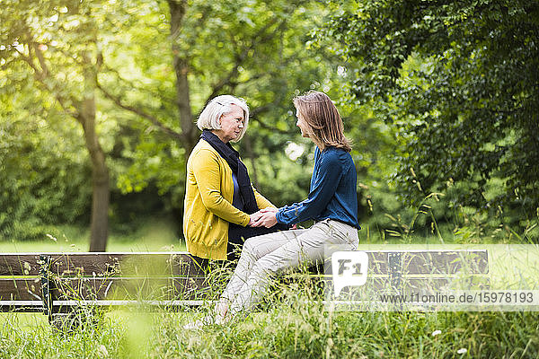 Ältere Frau und erwachsene Tochter sitzen auf der Rückenlehne einer Parkbank und halten sich an den Händen