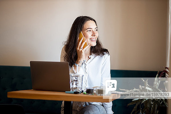 Porträt einer lächelnden jungen Frau am Telefon bei der Arbeit im Home Office