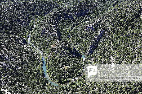 Spain Province of Guadalajara Aerial view of Tagus river winding across forested valley in Alto Tajo Nature Reserve
