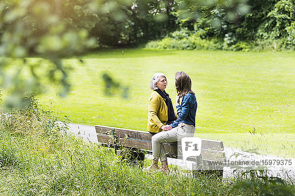 Ältere Frau und erwachsene Tochter sitzen auf der Rückenlehne einer Parkbank und reden miteinander