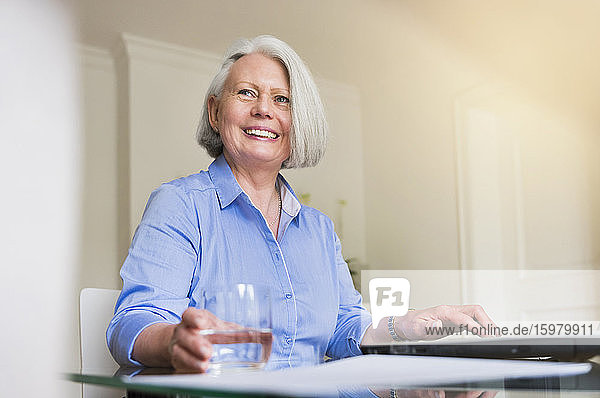 Porträt einer lächelnden älteren Geschäftsfrau  die an einem Laptop arbeitet