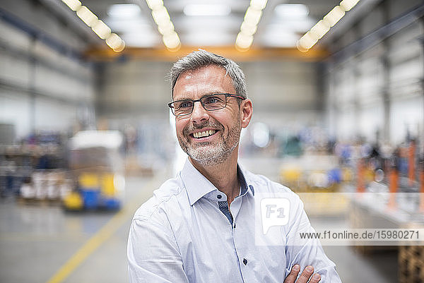 Portrait of a happy mature businessman in a factory