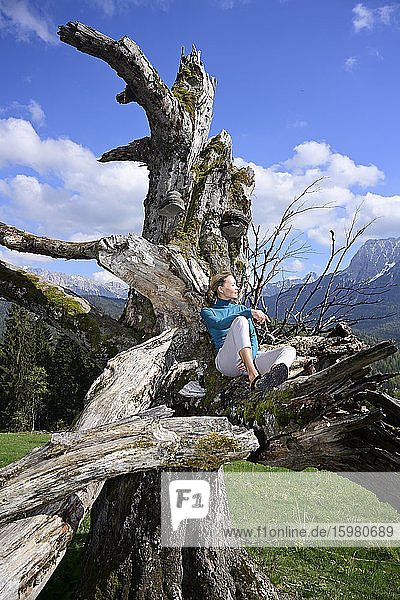 Relaxed woman sitting on dead tree during sunny day