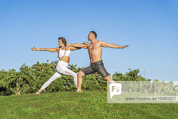 Älteres Paar macht Yoga auf dem Rasen in der Sonne zusammen
