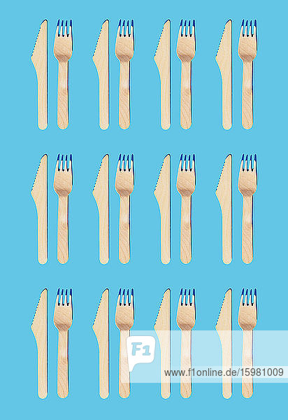 Wooden cutlery  fork and knive for take away food  organic and ecological zero waste  pattern