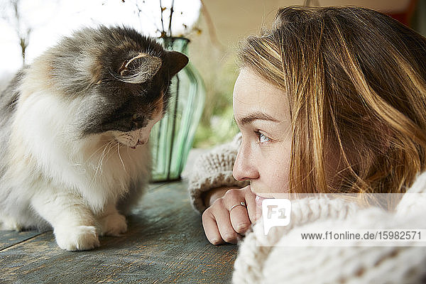 Junge Frau betrachtet norwegische Waldkatze auf Holztisch im Freien