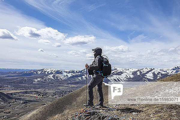 USA  Idaho  Bellevue  Man looking at landscape from mountain top