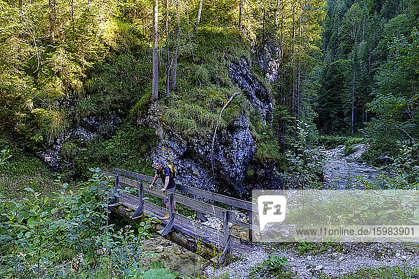 Austria  Tyrol  Steinberg am Rofan  Male backpacker admiring surrounding mountain forest from small narrow bridge
