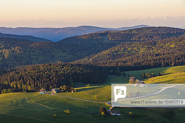 Germany  Baden-Wurttemberg  Hofsgrund  Mountain village at dawn with forest in background