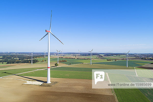 Germany  Baden-Wurttemberg  Drone view of clear sky over countryside wind farm