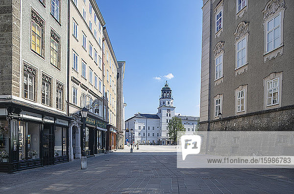 Austria  Salzburg  Empty Residenzplatz with Glockenspiel amid Coronavirus pandemic
