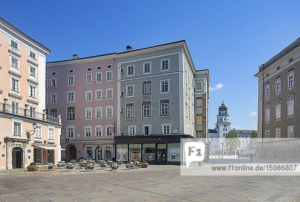 Austria  Salzburg  Empty Old Market and Salzburg Glockenspiel and Salzburg Museum amid Coronavirus pandemic