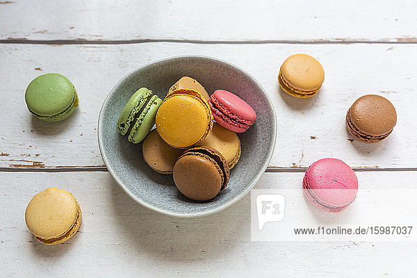 Bowl of colorful macaroon biscuits