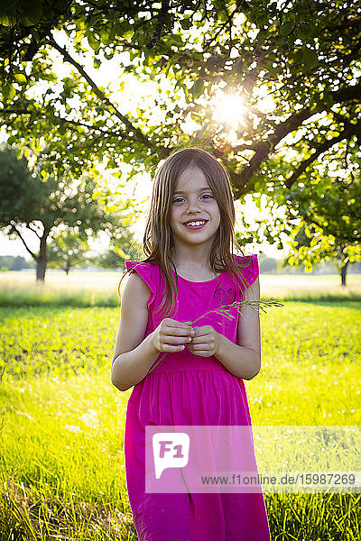 Porträt eines kleinen Mädchens in einem leuchtend rosa Kleid  das mit einem Grashalm in der Hand in die Kamera lächelt