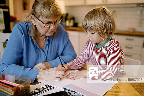 Grandmother assisting grandson in studying at home