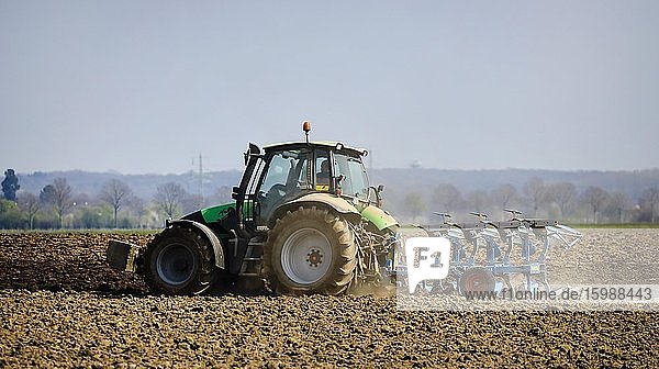 Tractor ploughs a dry field  prepares it for vegetable growing  Kempen  Lower Rhine  North Rhine-Westphalia  Germany  Europe