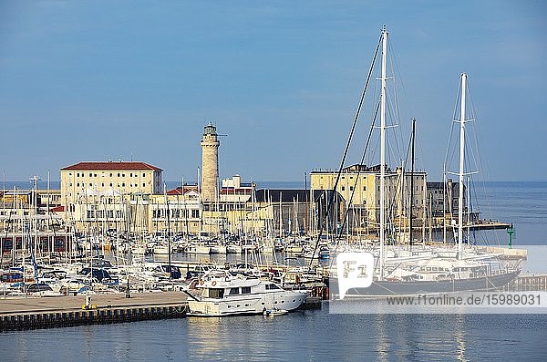 View to Marina San Giusto and the lighthouse La Laterna  Trieste  Gulf of Trieste  Friuli Venezia Giulia  Italy  Europe