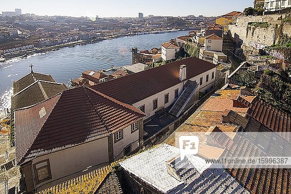 Aerial view of the old town in Porto from Dom Luis the first bridge over Duero river on January 7  2017 Portugal.