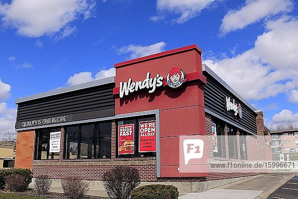 Recently remodeled Wendy?s hamburger restaurant showing entire store  northern Idaho.