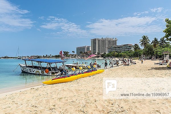 People relax on the Ocho Rios Bay Beach also referred to as Turtle Beach is nestled between Sunset Jamaica Grande on the eastern side and Ocho Rios Cruise Ship pier