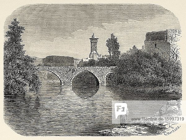 Bridge over the Orontes river in the old city of Hama. Syria Syrian Arab Republic. Middle East Old 19th century engraved illustration Le Tour du Monde 1863.