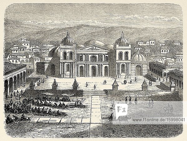 Square and cathedral of Cusco 19th Century. Peru South America. Old 19th century engraved illustration Le Tour du Monde 1863.