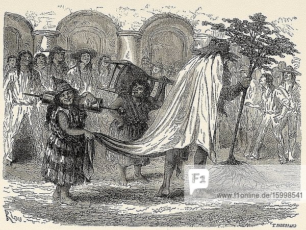 Peruvian characters in the traditional and typical carnival parade in Cusco 19th Century. Peru South America. Old 19th century engraved illustration Le Tour du Monde 1863.