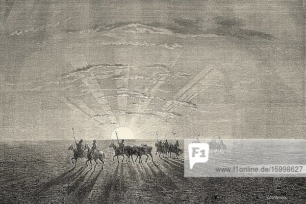 Riders on horseback at sunset in the Mongolian desert Mongolia Central Asia. Old 19th century engraved illustration Le Tour du Monde 1863.