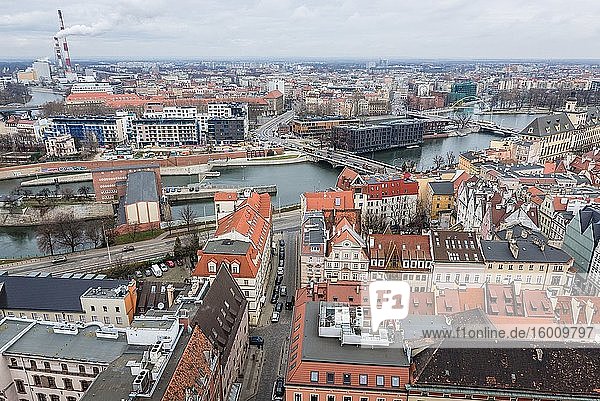 Aerial view from Garrison Church in Old Town of Wroclaw  Poland - view with Oder river bank.