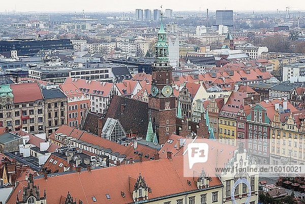 Aerial view from Garrison Church in Old Town of Wroclaw  Poland - view with tower of Old Town Hall on a Market Square.