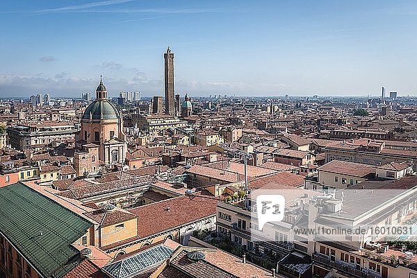 Aerial view from Basilica of San Petronio with Sanctuary of Santa Maria della Vita and so called Two Towers.