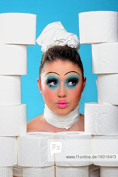Young woman with toilet paper Corona series Germany Europe