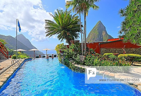 Ladera Resort's swimming pool with views of the two Pitons Gros Piton 770m and Petit Piton 743m Soufriere St. Lucia Lesser Antilles West Indies Caribbean Islands