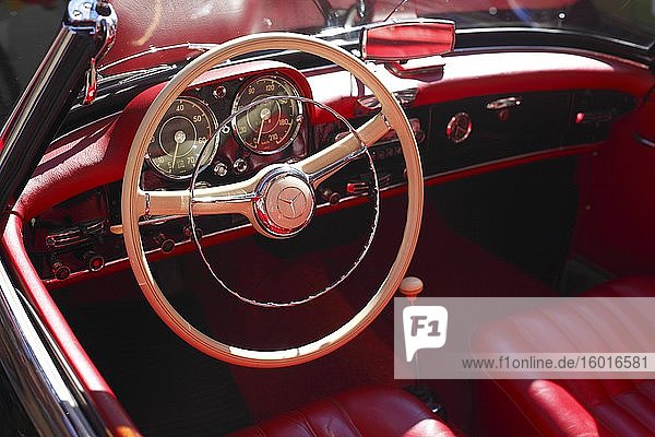 Dashboard and steering wheel of a Mercedes Benz classic car Germany Europe