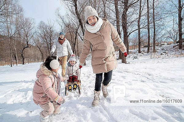 Glückliche Familie beim Schlittenfahren im Schnee