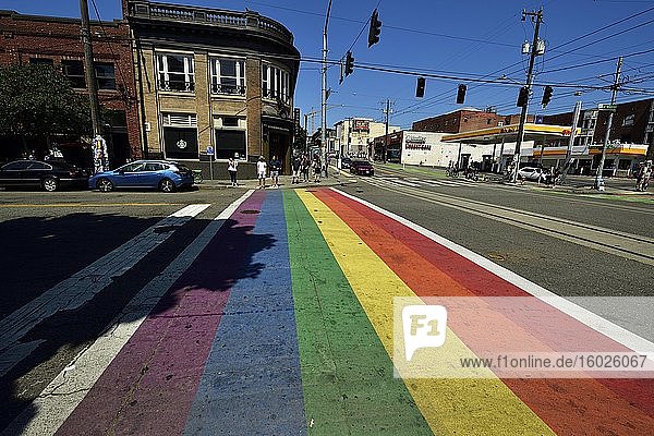 Rainbow-colored pedestrian stripes in Capitol Hill  the gay and lesbian district of Seattle  Washington  United States of America  USA  North America