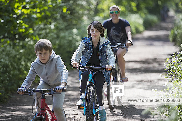 Mother and sons enjoying bike ride on sunny path