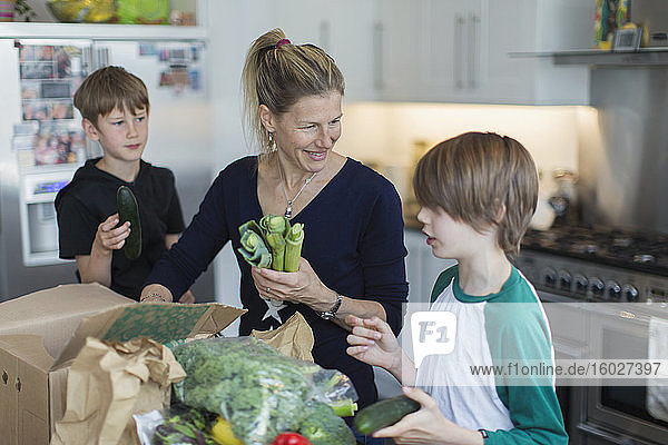 Glückliche Mutter und Söhne entladen frische Produkte aus dem Karton in der Küche