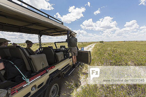 safari guide and vehicle on dirt road