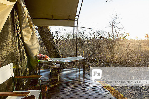Zeltlager in der Kalahari-Wüste Tagesanbruch