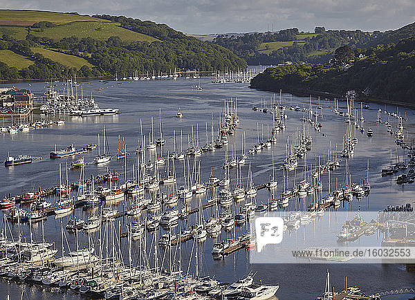 A magnificent view along the estuary of the River Dart  looking inland from the village of Kingswear  near Dartmouth  Devon  England  United Kingdom  Europe