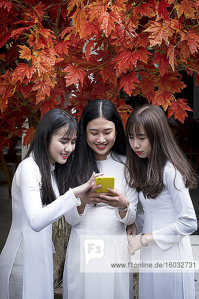 Drei vietnamesische Freundinnen tragen traditionelle Ao Dai-Kleider und teilen sich ein Mobiltelefon  Hue  Vietnam  Indochina  Südostasien  Asien